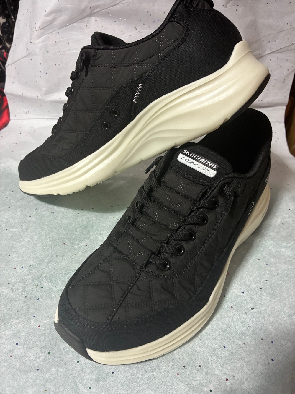 Skechers Black Quilted Lace-Up Sneakers with White Sole